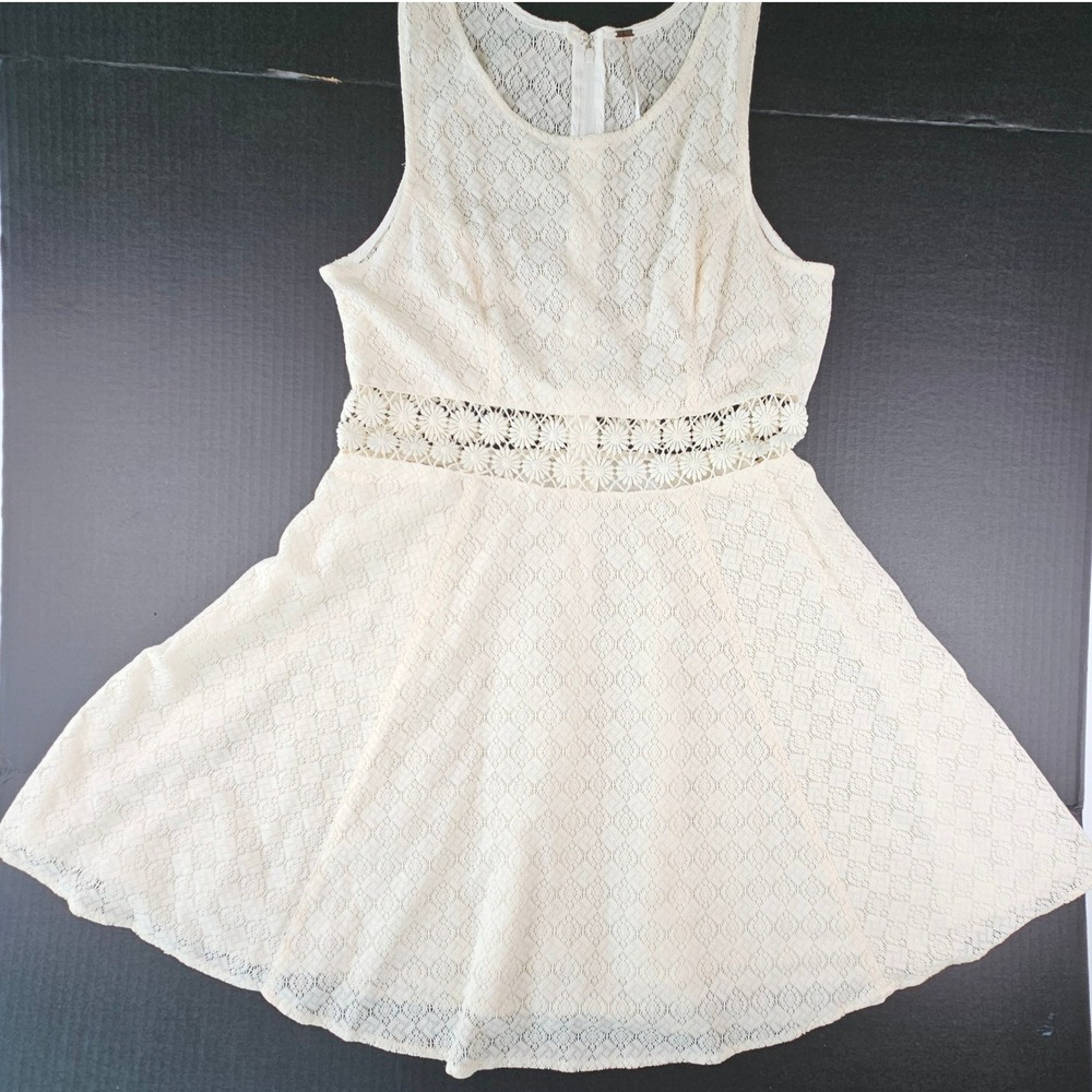 Free People Ivory Lace Fit Flare Dress Crochet Waist Lace Boho Cottagecore 12